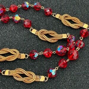 Vintage Red Crystal Beaded Necklace Gold Knot Stations AB Faceted Glass